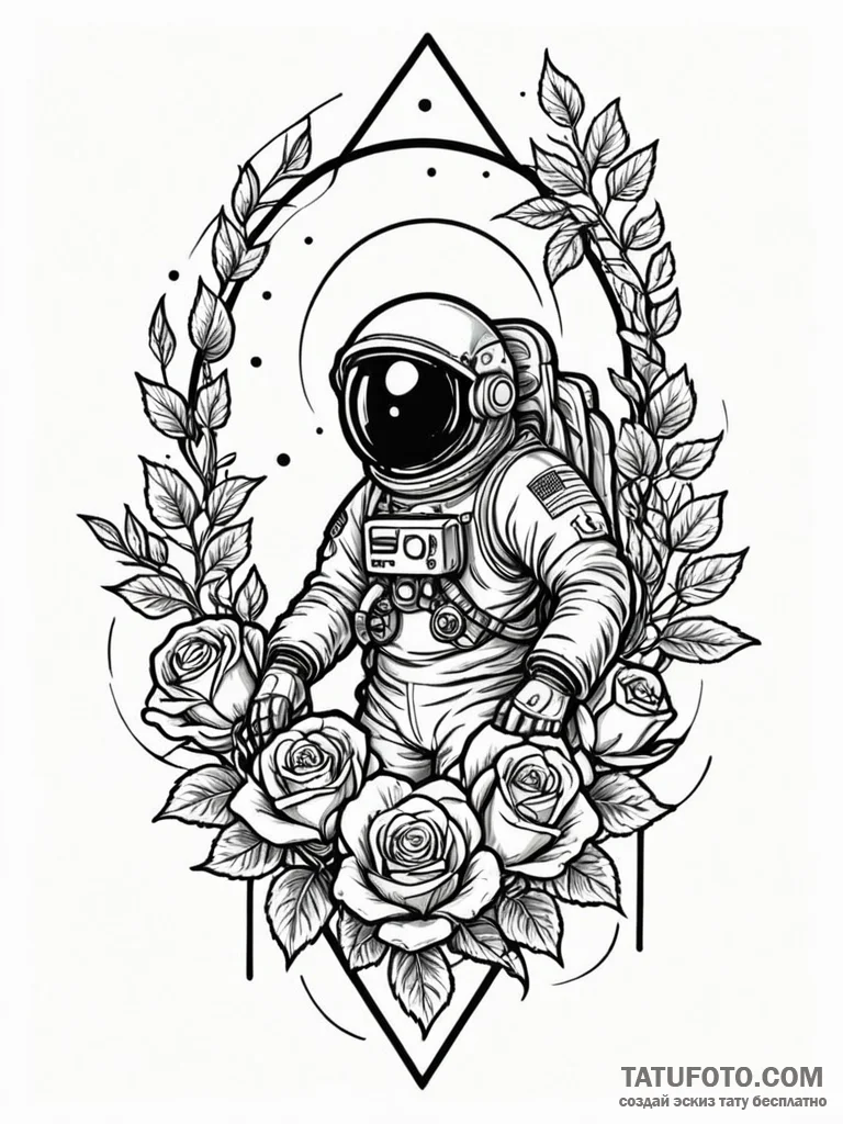 Astronaut melting into stars, ink illustratio... - эскиз тату (№1752298871_0, 12.07.2025 05:41) — Tatufoto.com