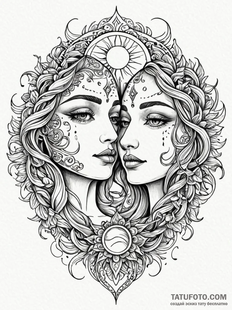Embrace between the sun and moon, depicted as… — эскиз тату (№1752299290_0, 12.07.2025 05:48) — Tatufoto.com
