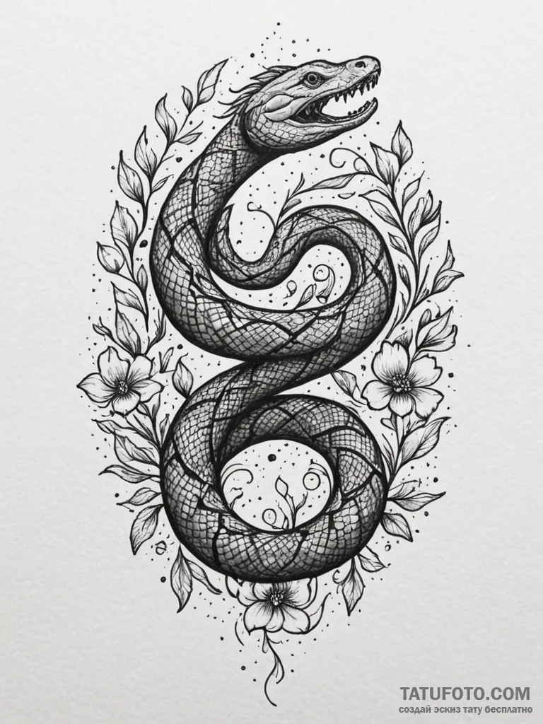 Hallowed serpent beneath celestial bloom, ink… — эскиз тату (№1752299458_0, 12.07.2025 05:50) — Tatufoto.com