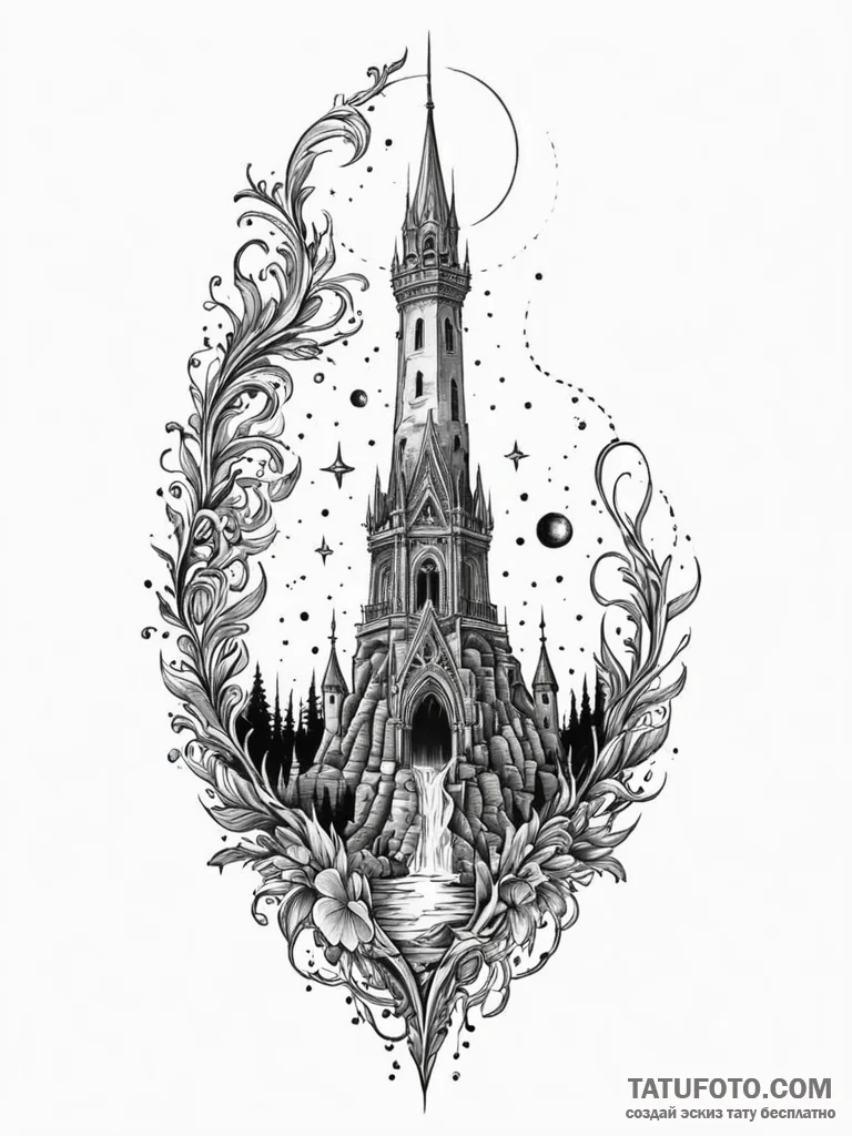 Nightfall relic beneath shattered spire, tatt... - эскиз тату (№1752299708_0, 12.07.2025 05:55) — Tatufoto.com