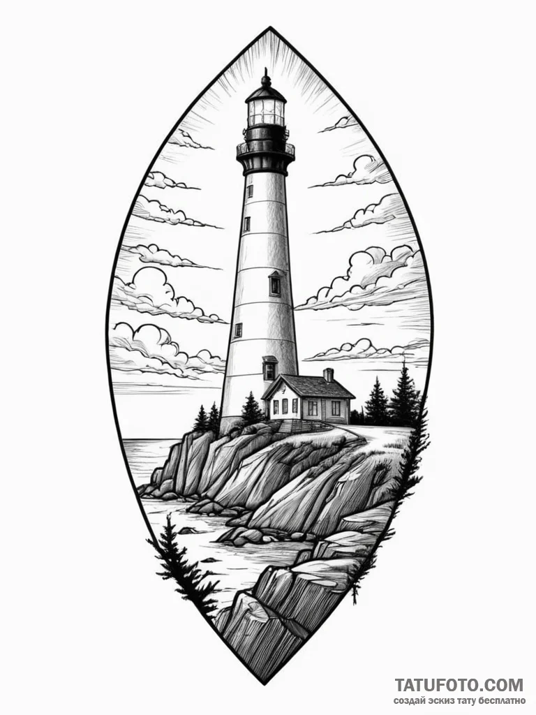 Lighthouse atop spectral cliff, tattoo line a... - эскиз тату (№1752299875_0, 12.07.2025 05:57) — Tatufoto.com