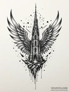 Sunlit wings beneath shattered spire, tattoo... - эскиз тату (№1752301223_0, 12.07.2025 06:20) — Tatufoto.com