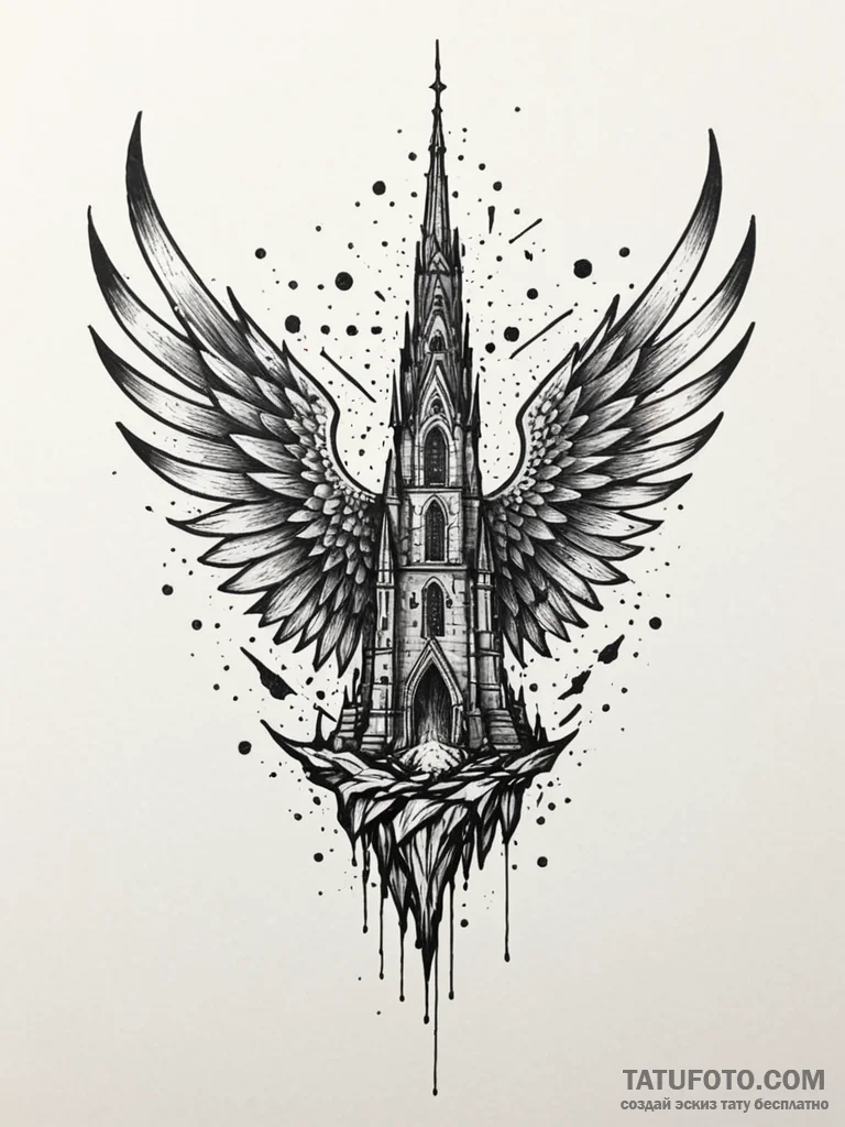 Sunlit wings beneath shattered spire, tattoo… — эскиз тату (№1752301223_0, 12.07.2025 06:20) — Tatufoto.com