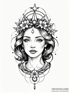 Ethereal flower crowned with stars, ink illus... - эскиз тату (№1752301979_0, 12.07.2025 06:32) — Tatufoto.com