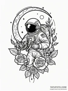 Astronaut discovering a flower on a barren mo... - эскиз тату (№1752302990_0, 12.07.2025 06:49) — Tatufoto.com