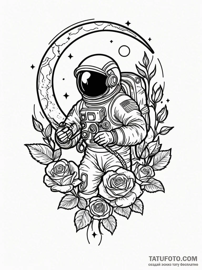 Astronaut discovering a flower on a barren mo… — эскиз тату (№1752302990_0, 12.07.2025 06:49) — Tatufoto.com