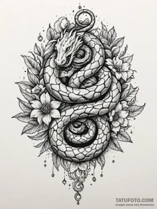Jewel serpent beneath celestial bloom, artist... - эскиз тату (№1752303326_0, 12.07.2025 06:55) — Tatufoto.com