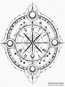 Astral clock with orbiting moons, artistic ta... - эскиз тату (№1752303995_0, 12.07.2025 07:06) — Tatufoto.com