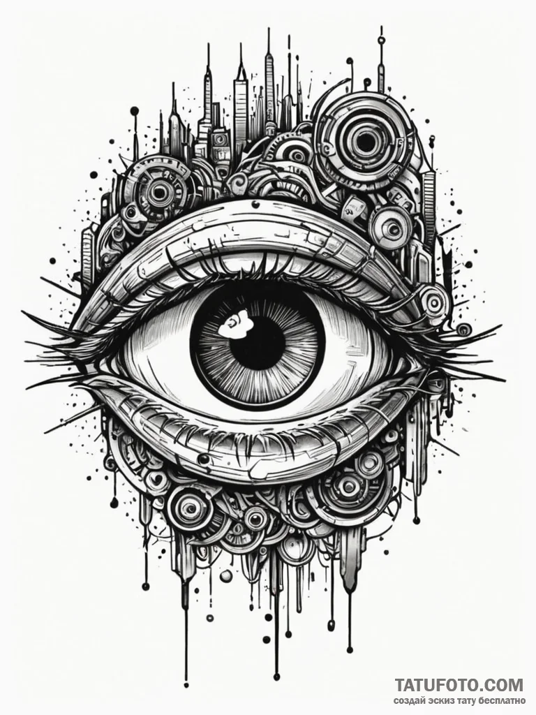 Cyborg eye, artistic tattoo sketch, sepia ton... - эскиз тату (№1752304496_0, 12.07.2025 07:14) — Tatufoto.com