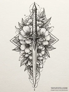 Oak dagger beneath celestial bloom, ink illus... - эскиз тату (№1752304748_0, 12.07.2025 07:19) — Tatufoto.com