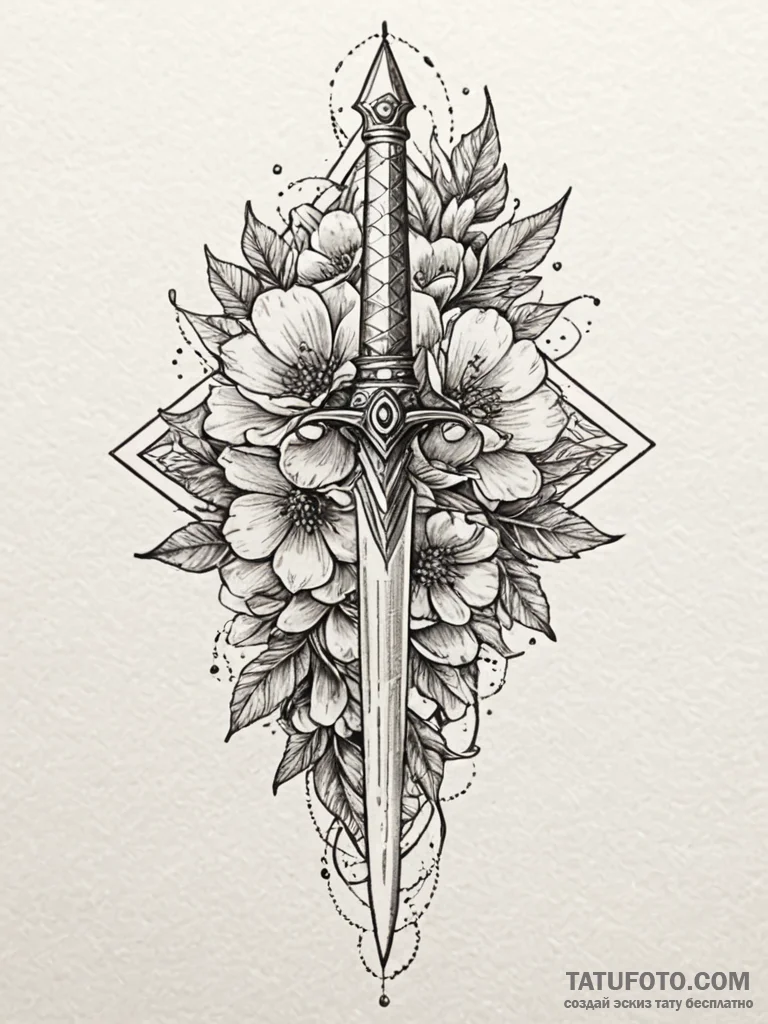 Oak dagger beneath celestial bloom, ink illus… — эскиз тату (№1752304748_0, 12.07.2025 07:19) — Tatufoto.com
