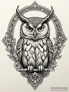 Owl gaze beneath burning sky, tattoo sketch d... - эскиз тату (№1752305082_0, 12.07.2025 07:24) — Tatufoto.com