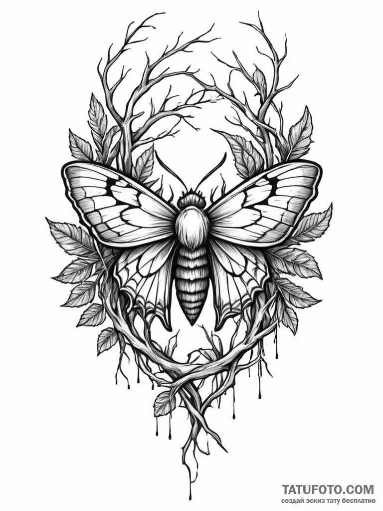 Moth beneath thorned branches, tattoo sketch... - эскиз тату (№1752305165_0, 12.07.2025 07:26) — Tatufoto.com