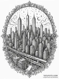 Dystopian city skyline, ink illustration for... - эскиз тату (№1752308442_0, 12.07.2025 08:20) — Tatufoto.com
