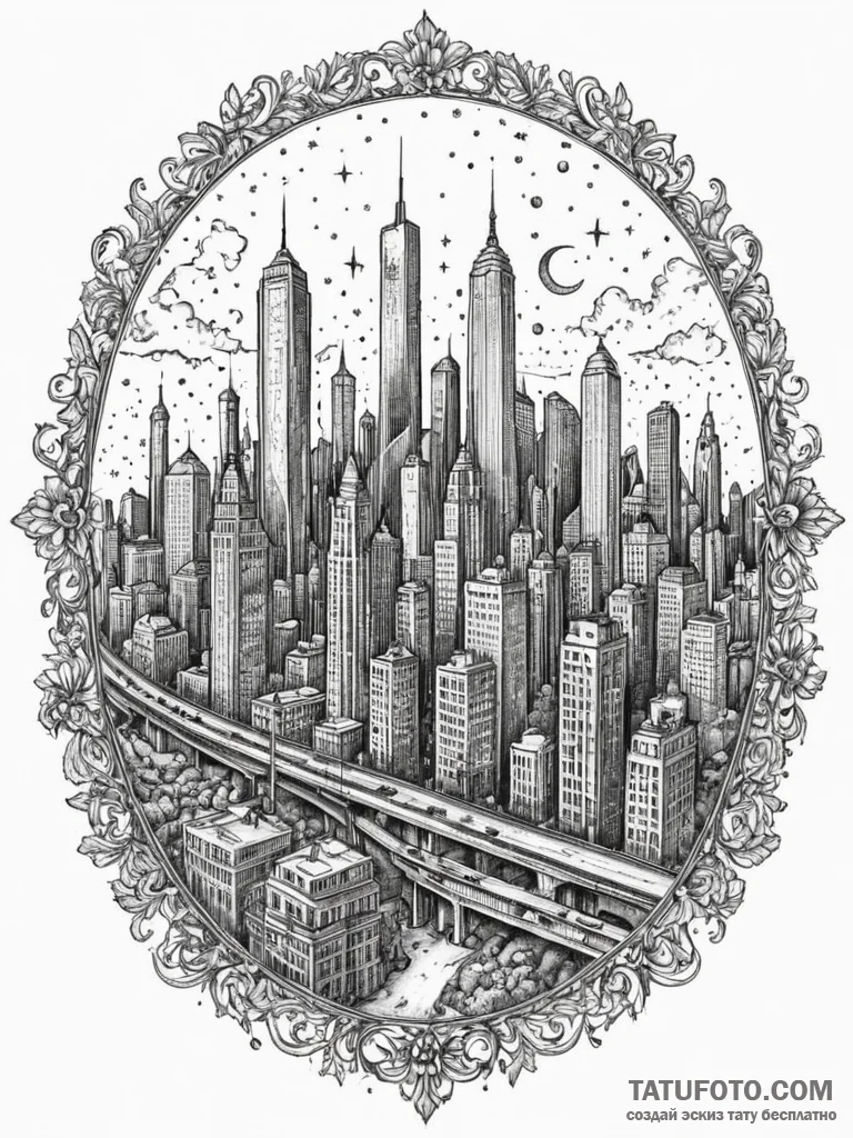 Dystopian city skyline, ink illustration for… — эскиз тату (№1752308442_0, 12.07.2025 08:20) — Tatufoto.com