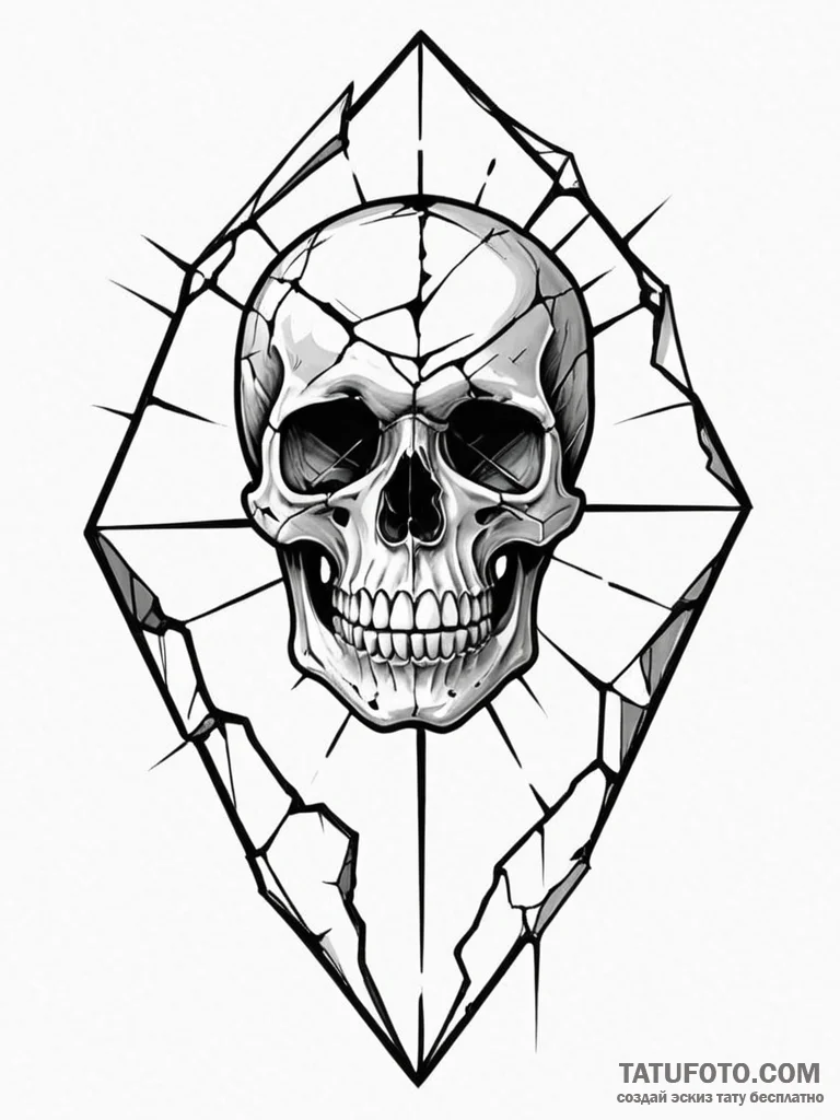 A shattered mirror reflecting a skull - эскиз тату (№1752308526_0, 12.07.2025 08:22) — Tatufoto.com