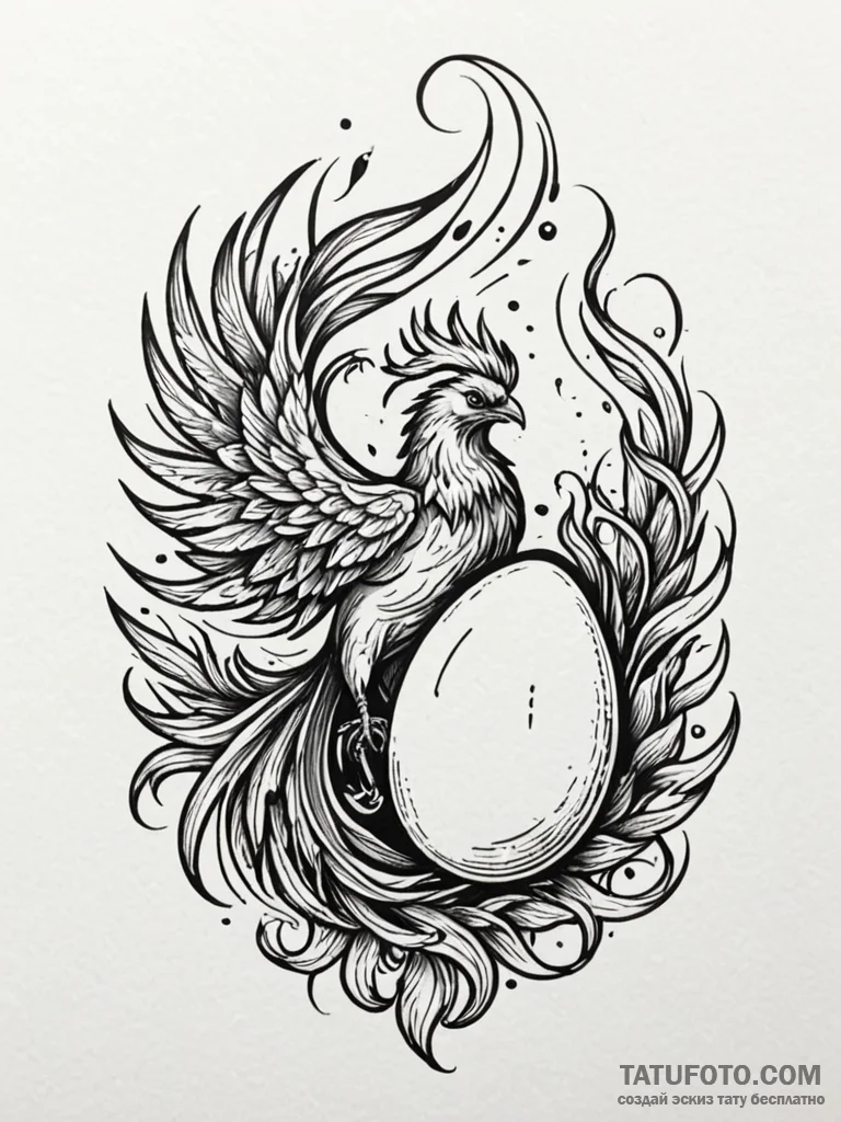 Phoenix egg hatching in fire, tattoo drawing... - эскиз тату (№1752308777_0, 12.07.2025 08:26) — Tatufoto.com