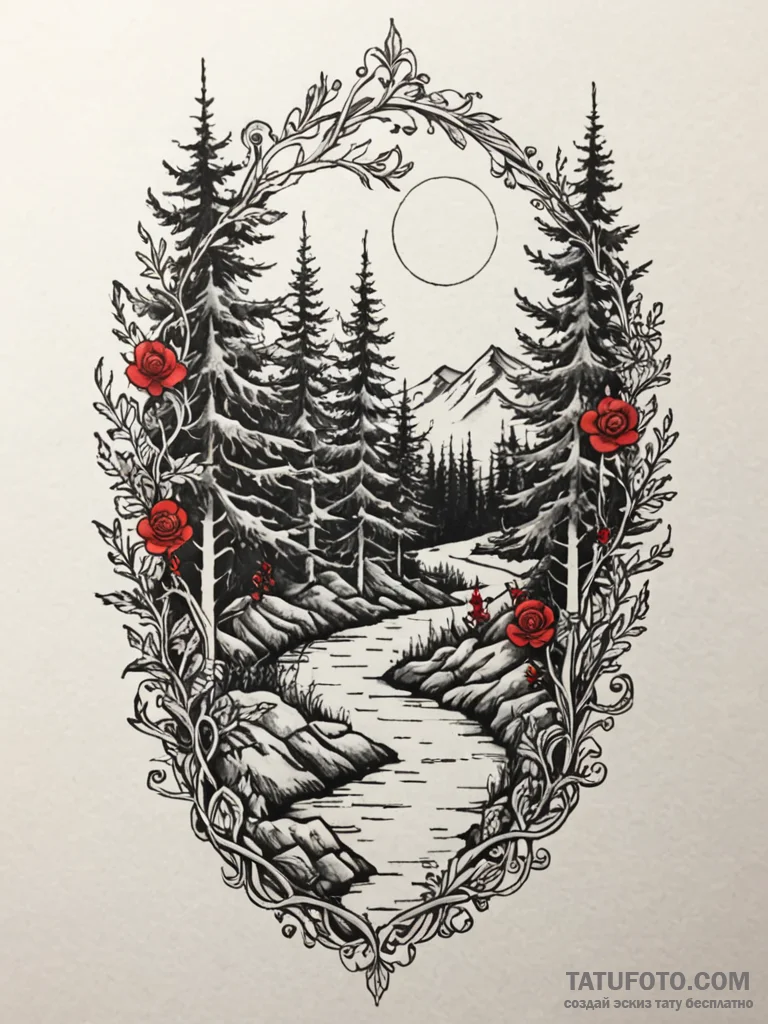 Path winding through a forest towards the lig… — эскиз тату (№1752310130_0, 12.07.2025 08:48) — Tatufoto.com