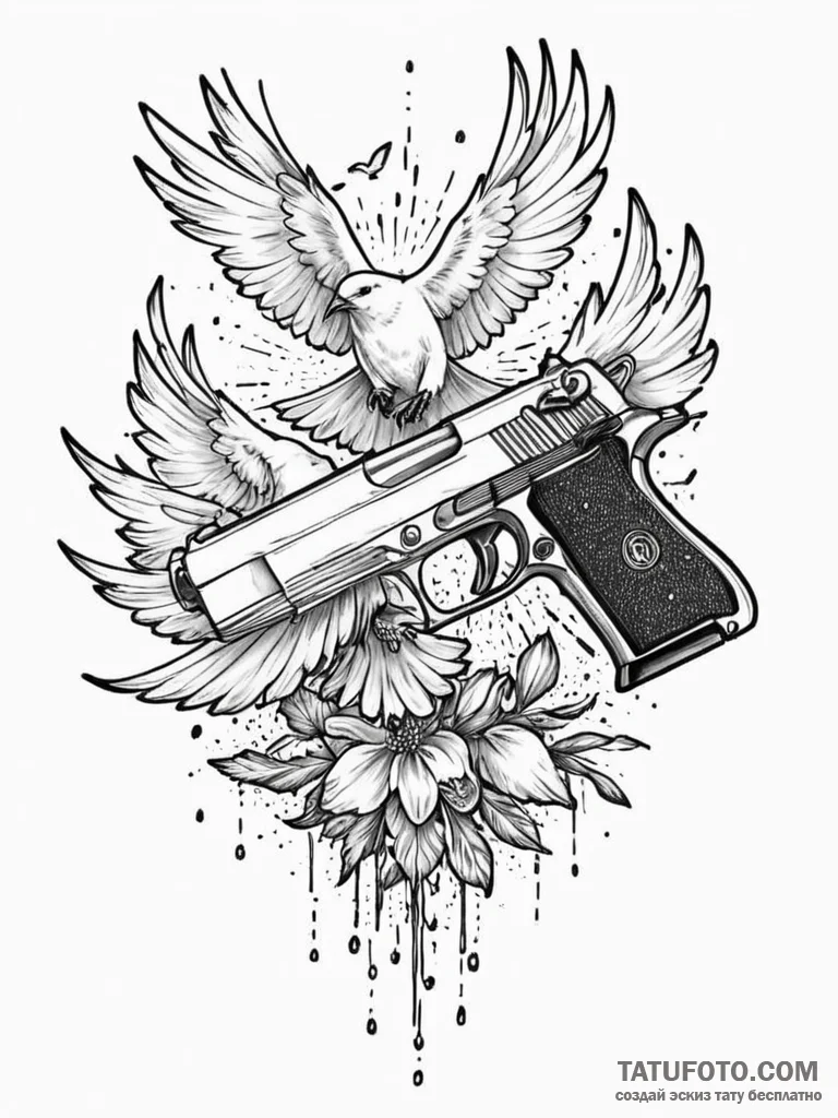 Desert eagle pistol dissolving into a flock o... - эскиз тату (№1752310714_0, 12.07.2025 08:58) — Tatufoto.com
