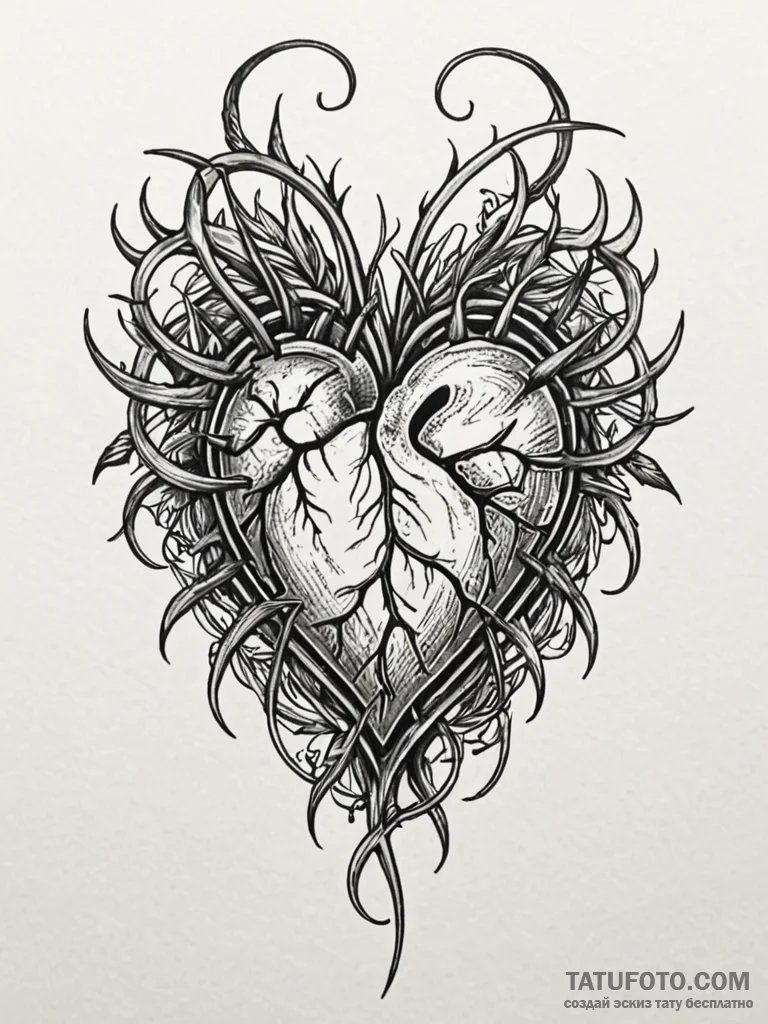 A detailed broken heart with thorns, pain,, t… — эскиз тату (№1752310965_0, 12.07.2025 09:02) — Tatufoto.com