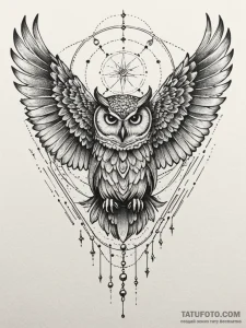 Owl wings devouring celestial flame, concept... - эскиз тату (№1752311221_0, 12.07.2025 09:07) — Tatufoto.com
