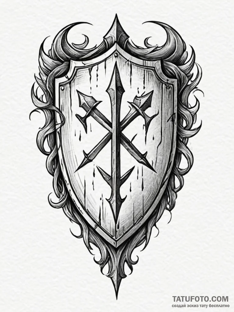 Damaged shield with scorched runes, concept a… — эскиз тату (№1752311976_0, 12.07.2025 09:19) — Tatufoto.com