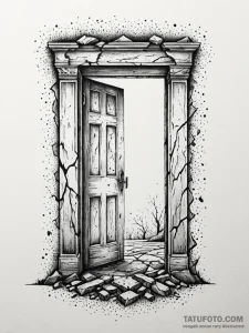 Crumbling door to forgotten realm, tattoo lin... - эскиз тату (№1752312060_0, 12.07.2025 09:21) — Tatufoto.com