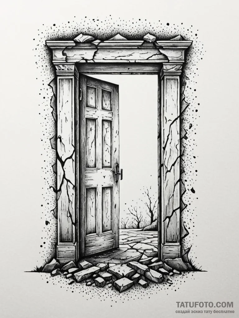 Crumbling door to forgotten realm, tattoo lin… — эскиз тату (№1752312060_0, 12.07.2025 09:21) — Tatufoto.com
