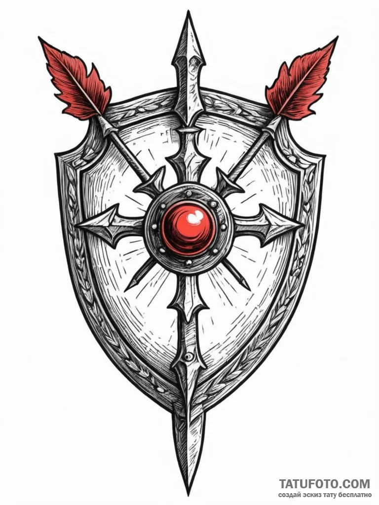 Oak shield pierced by arrows, ink illustratio... - эскиз тату (№1752312562_0, 12.07.2025 09:29) — Tatufoto.com