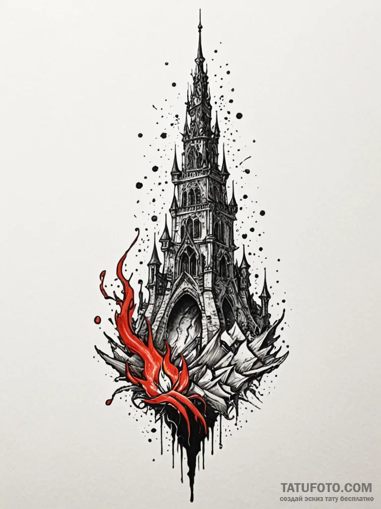Untamed flame beneath shattered spire, tattoo... - эскиз тату (№1752313234_0, 12.07.2025 09:40) — Tatufoto.com