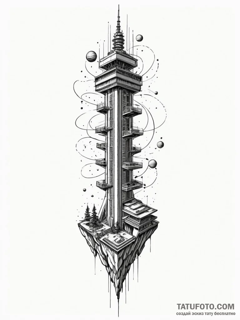 A space elevator, tattoo drawing outline, dyn… — эскиз тату (№1752313736_0, 12.07.2025 09:48) — Tatufoto.com