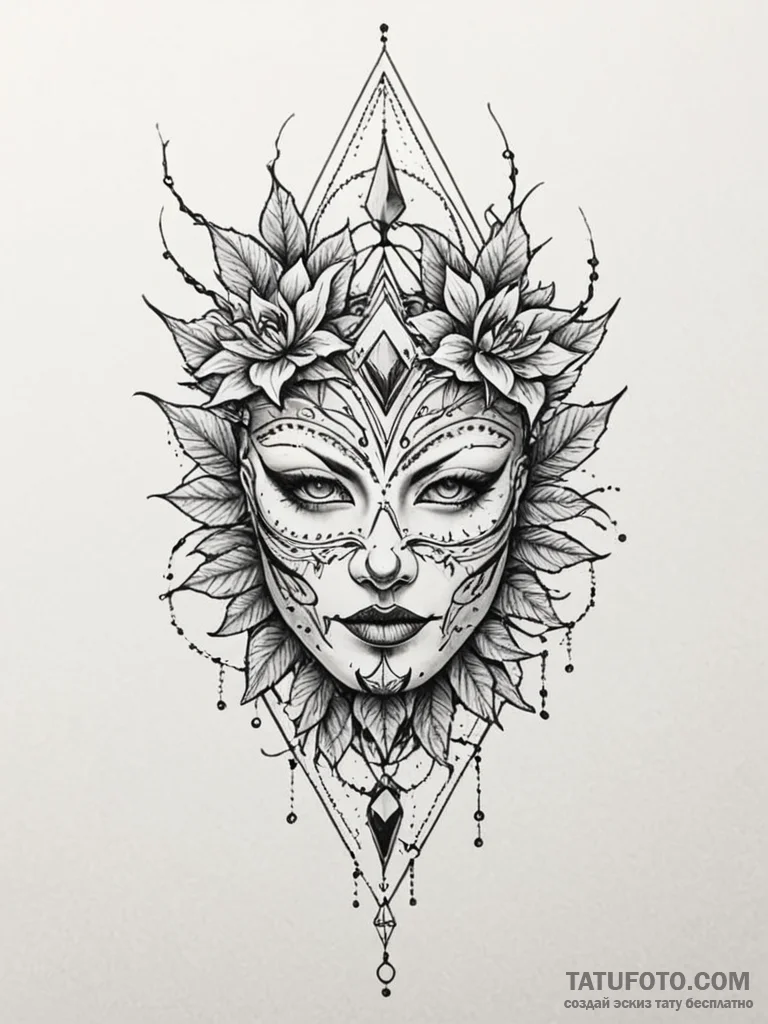 Ethereal mask beneath thorns, tattoo flash sh... - эскиз тату (№1752314317_0, 12.07.2025 09:58) — Tatufoto.com