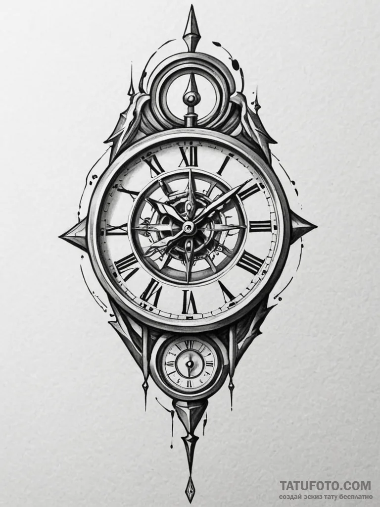 Clock with shattered pendulum, tattoo drawing... - эскиз тату (№1752314566_0, 12.07.2025 10:02) — Tatufoto.com