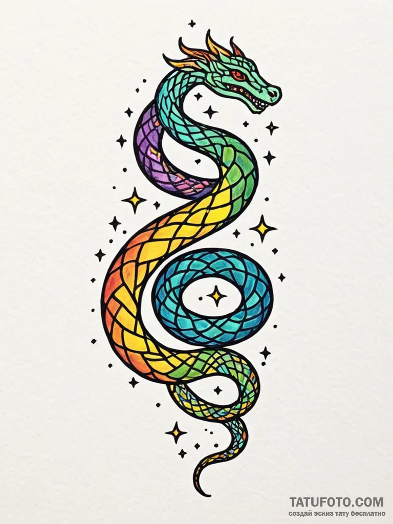 Torchlight serpent weaving through stars, tat... - эскиз тату (№1752314900_0, 12.07.2025 10:08) — Tatufoto.com