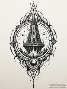 Orb spinning through shattered spire, tattoo... - эскиз тату (№1752315069_0, 12.07.2025 10:11) — Tatufoto.com