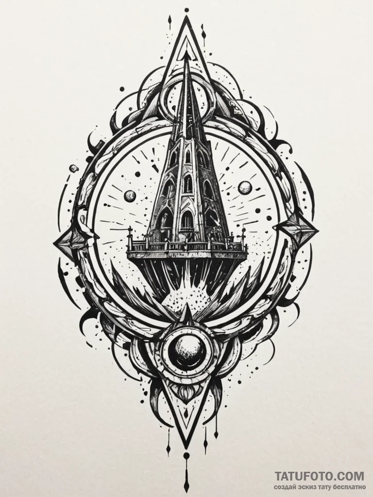 Orb spinning through shattered spire, tattoo... - эскиз тату (№1752315069_0, 12.07.2025 10:11) — Tatufoto.com