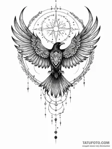 Astral raven with starry wings, tattoo line a... - эскиз тату (№1752315404_0, 12.07.2025 10:16) — Tatufoto.com