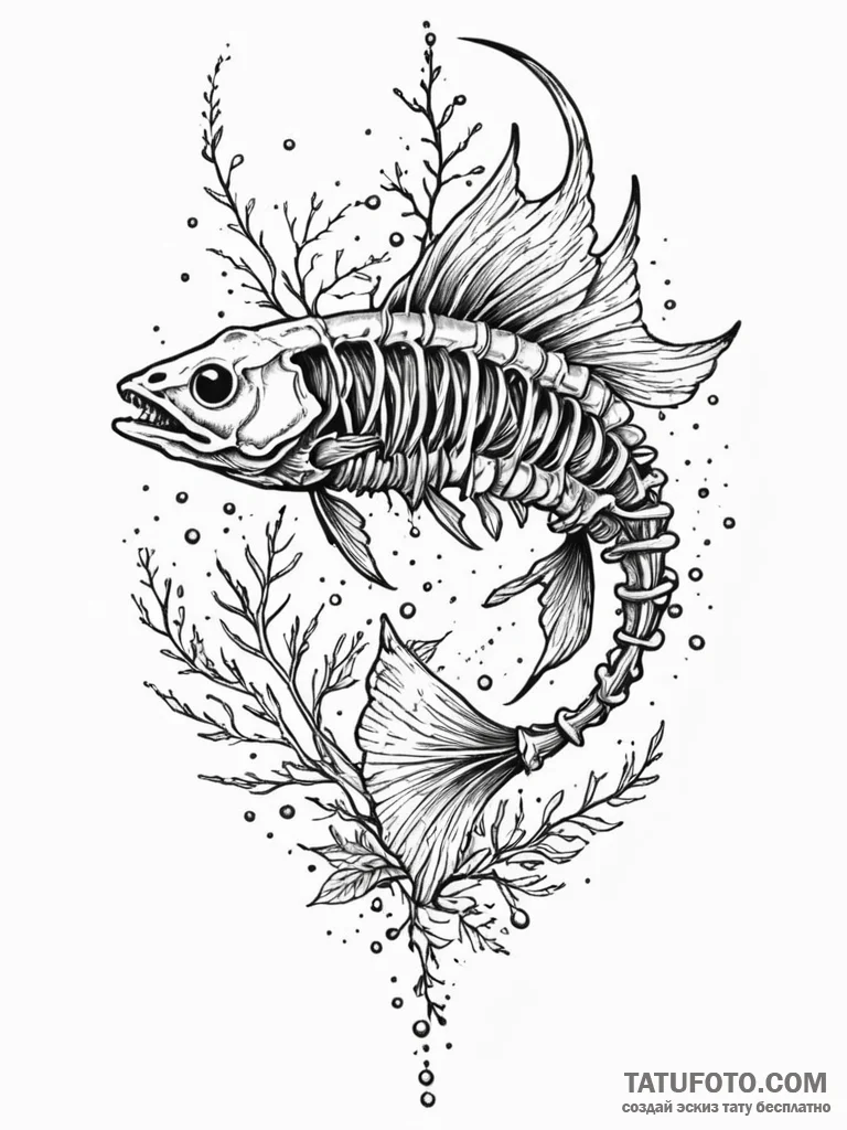 Fish skeleton, ink illustration for tattoo, o… — эскиз тату (№1752315487_0, 12.07.2025 10:18) — Tatufoto.com