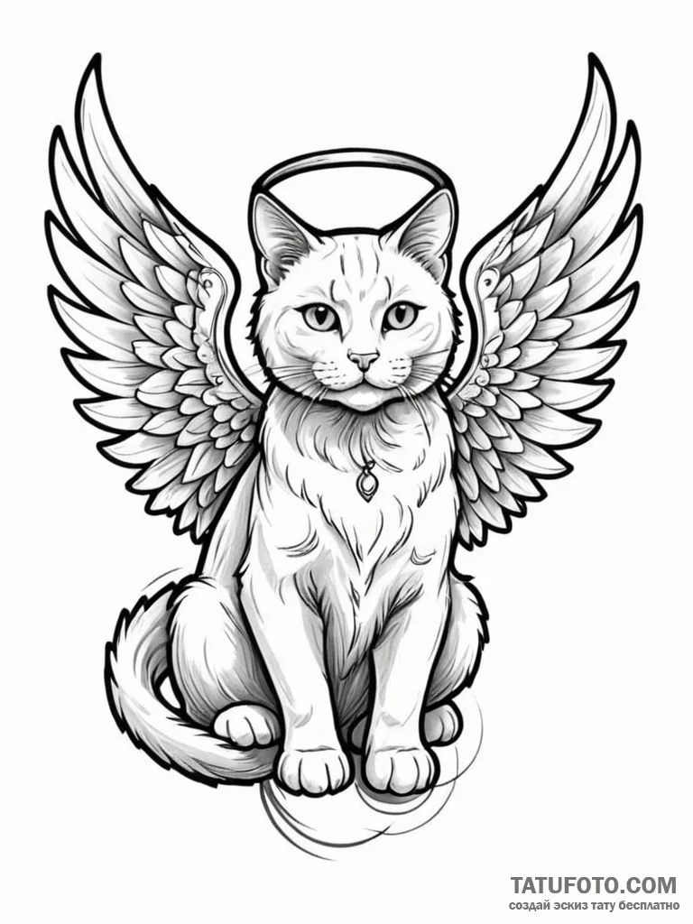 Angelic cat with halo and wings, tattoo sketc… — эскиз тату (№1752316492_0, 12.07.2025 10:34) — Tatufoto.com
