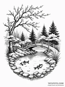 A tranquil asian garden with a stone bridge o... - эскиз тату (№1752316741_0, 12.07.2025 10:39) — Tatufoto.com