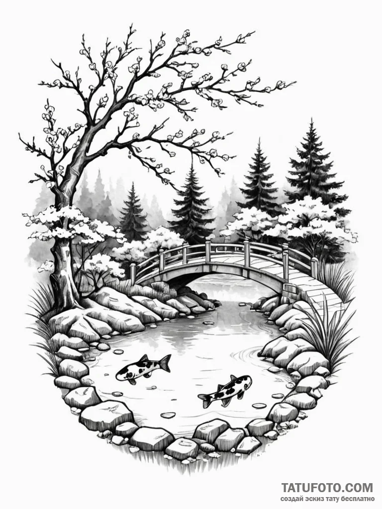 A tranquil asian garden with a stone bridge o... - эскиз тату (№1752316741_0, 12.07.2025 10:39) — Tatufoto.com