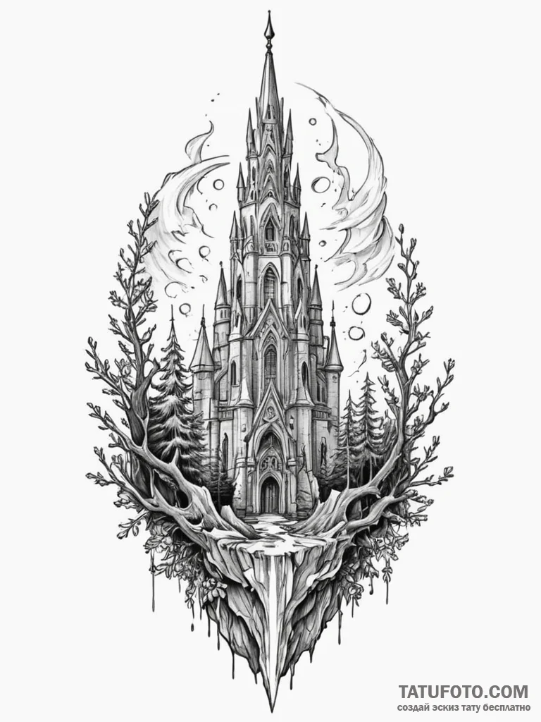 Oak helm beneath crystal spire, ink illustrat... - эскиз тату (№1752316826_0, 12.07.2025 10:40) — Tatufoto.com