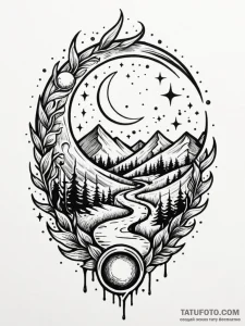 Burning path under blood moon, tattoo line ar... - эскиз тату (№1752316909_0, 12.07.2025 10:41) — Tatufoto.com
