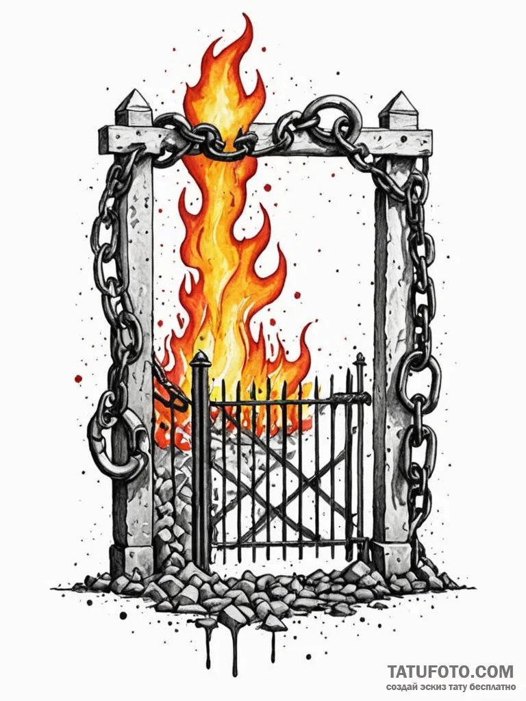Burning gate sealed by chains, ink illustrati... - эскиз тату (№1752318708_0, 12.07.2025 11:11) — Tatufoto.com