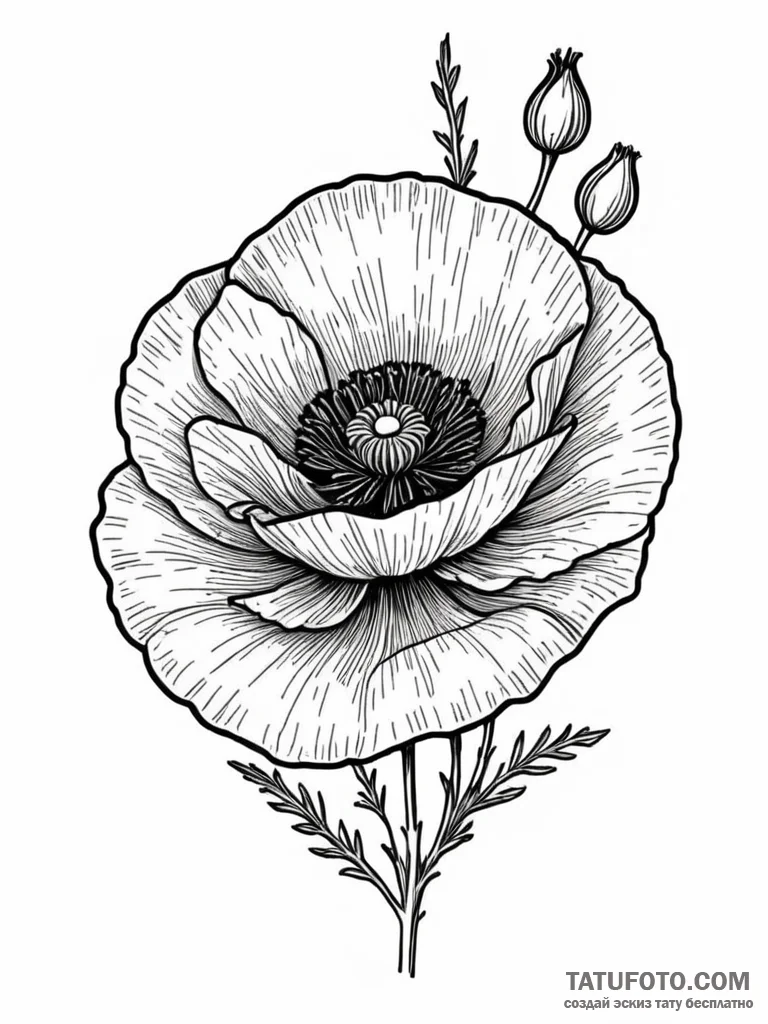 Poppy seed blooming in darkness, ink illustra… — эскиз тату (№1752320930_0, 12.07.2025 11:48) — Tatufoto.com