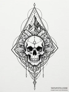 Yeti skull beneath frozen spire, tattoo line... - эскиз тату (№1752321351_0, 12.07.2025 11:55) — Tatufoto.com