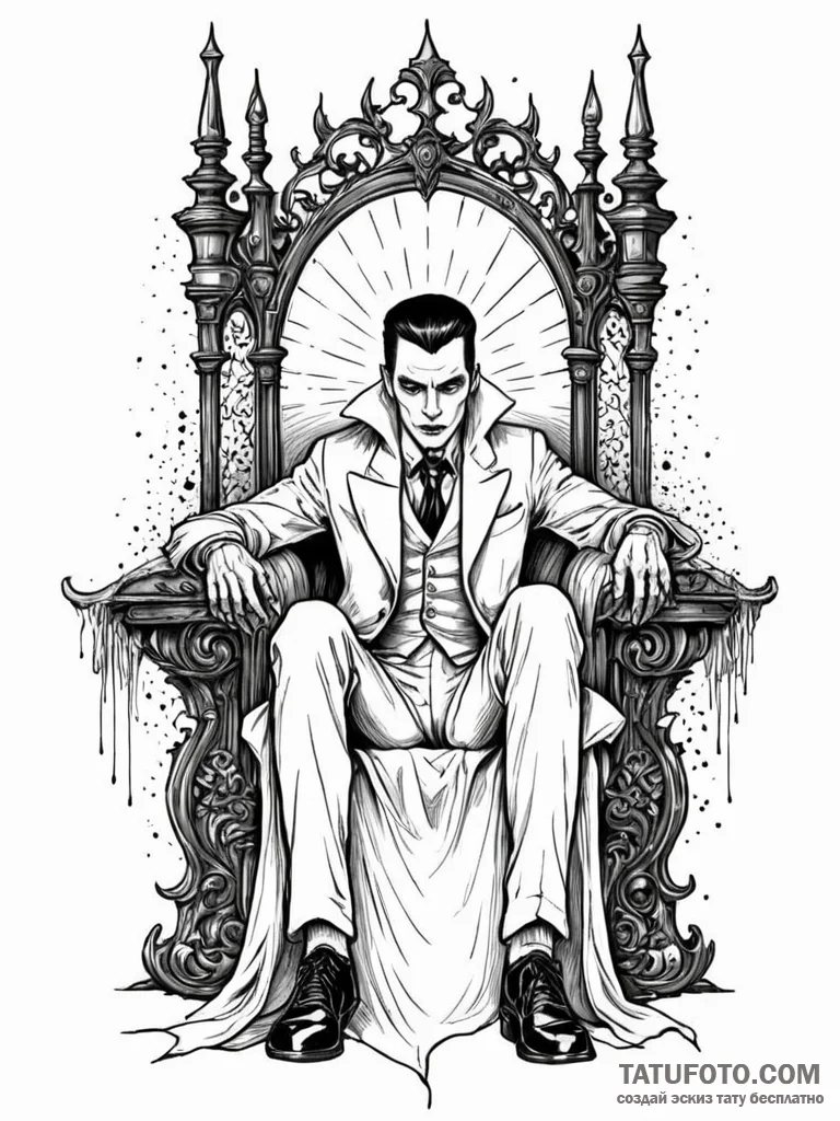 Vampire lord on a gothic throne, looking bore... - эскиз тату (№1752321603_0, 12.07.2025 12:00) — Tatufoto.com