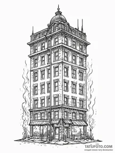 A powerful burning building at night, emergen... - эскиз тату (№1752321939_0, 12.07.2025 12:05) — Tatufoto.com