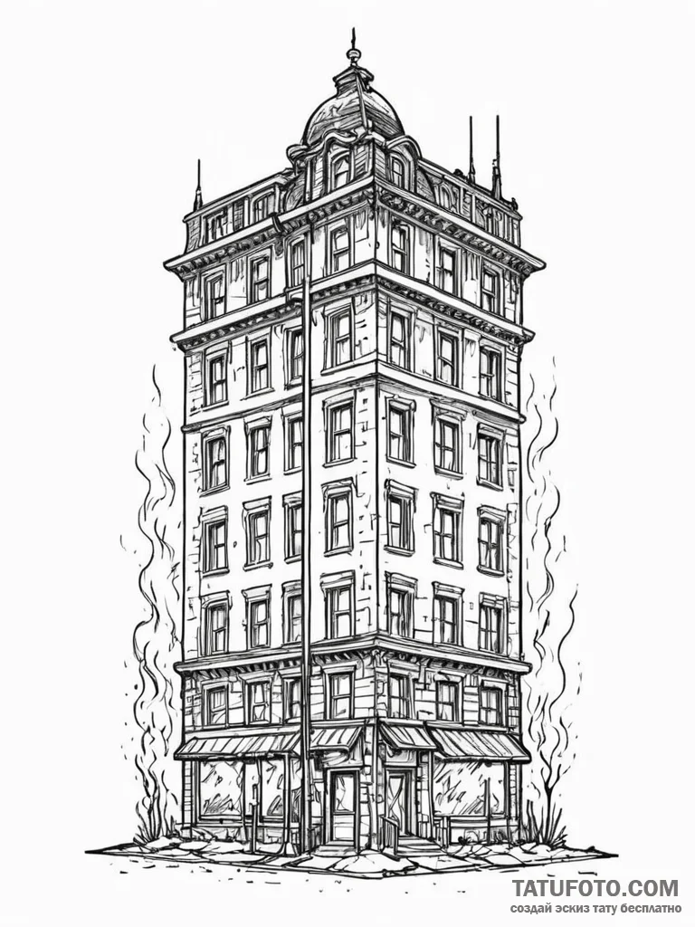 A powerful burning building at night, emergen… — эскиз тату (№1752321939_0, 12.07.2025 12:05) — Tatufoto.com