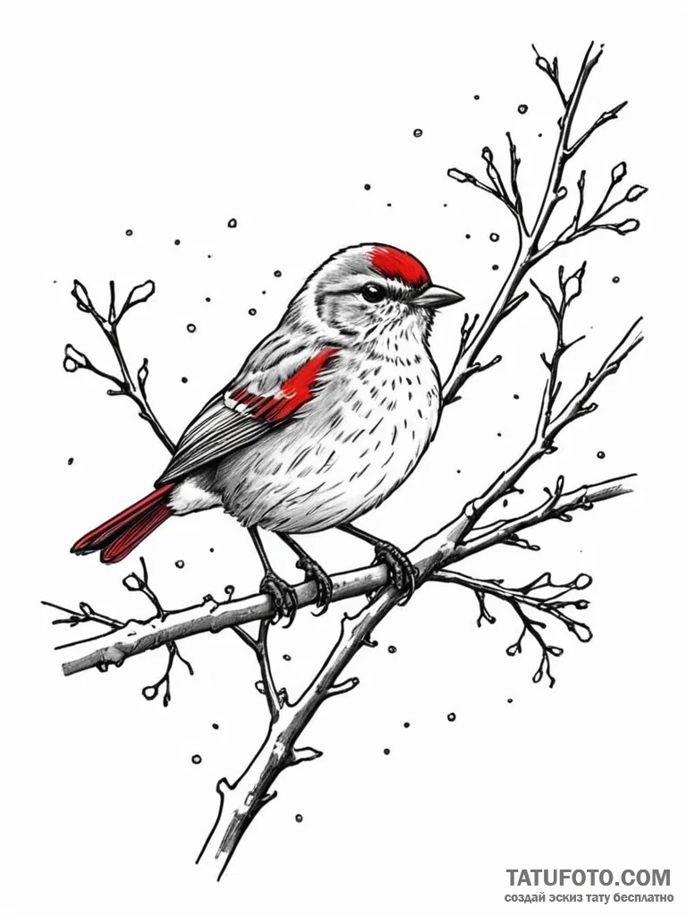 A whimsical bird on a branch with snow fallin... - эскиз тату (№1752322274_0, 12.07.2025 12:11) — Tatufoto.com